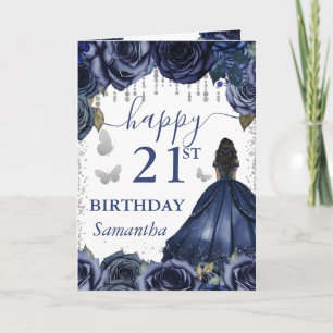 Tarjeta Vestido Azul Marino Cumpleaños Princesa Piel Oscur
