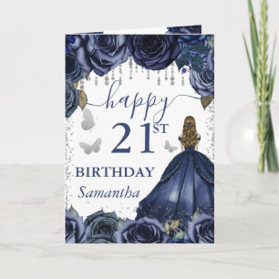 Tarjeta Vestido Azul Marino Princesa Rubia Cumpleaños
