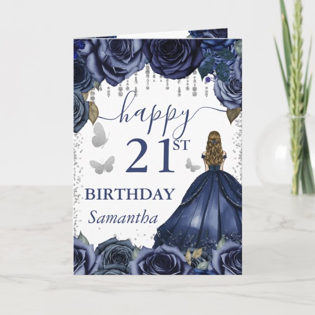 Tarjeta Vestido Azul Marino Princesa Rubia Cumpleaños (Anverso)