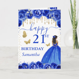 Tarjeta Vestido Azul Real Piel Oscura Cumpleaños Princesa