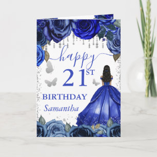 Tarjeta Vestido Azul Real Piel Oscura Cumpleaños Princesa