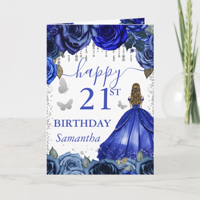 Tarjeta Vestido Azul Real Rubia Cumpleaños de Princesa (Anverso)