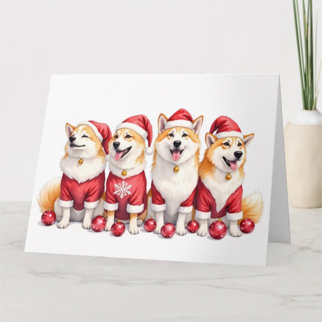 Tarjeta Vestido de Navidad Akita Gorro de Santa (Anverso)