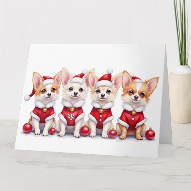 Tarjeta Vestido de Navidad para Papillon con Gorro de Sant (Anverso)