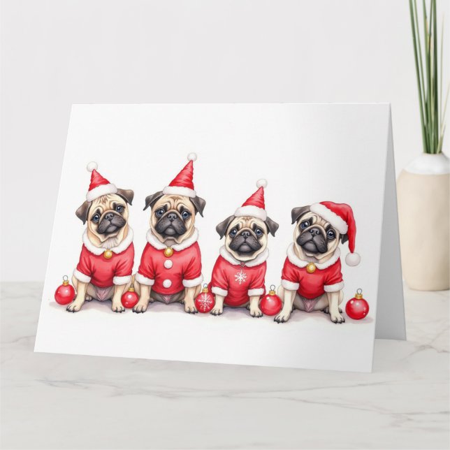 Tarjeta Vestido de Navidad Pug Gorro de Santa (Anverso)