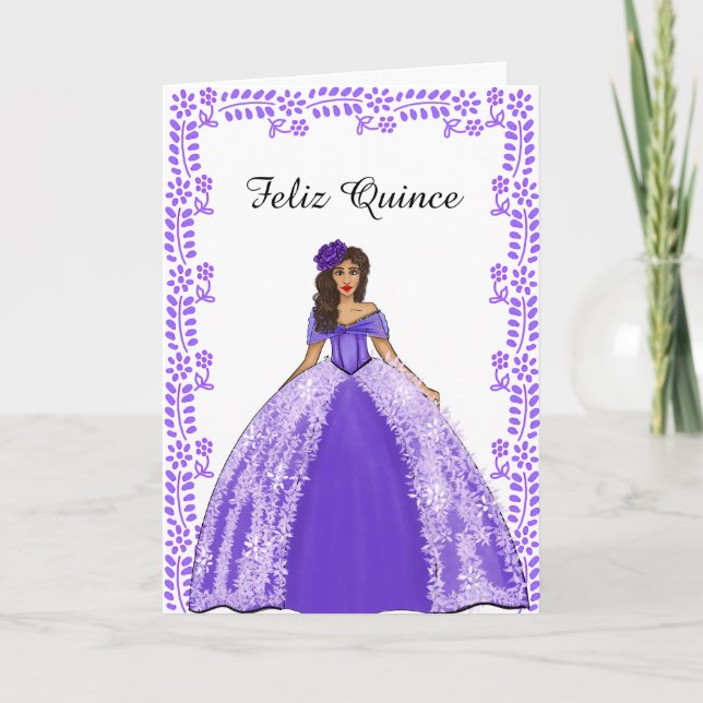 Tarjeta Vestido de Quinceañera vintage español de color pú (Anverso)