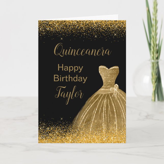 Tarjeta Vestido dorado Faux Purpurina Quinceanera (Anverso)