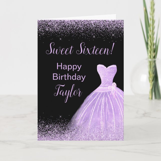Tarjeta Vestido púrpura claro Purpurina dulce 16 cumpleaño (Anverso)