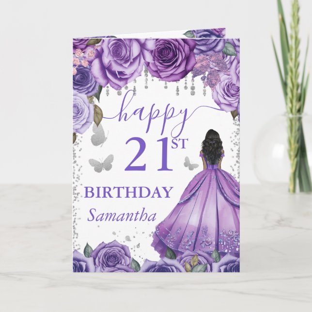 Tarjeta Vestido púrpura Piel Oscura Princesa Cumpleaños (Anverso)