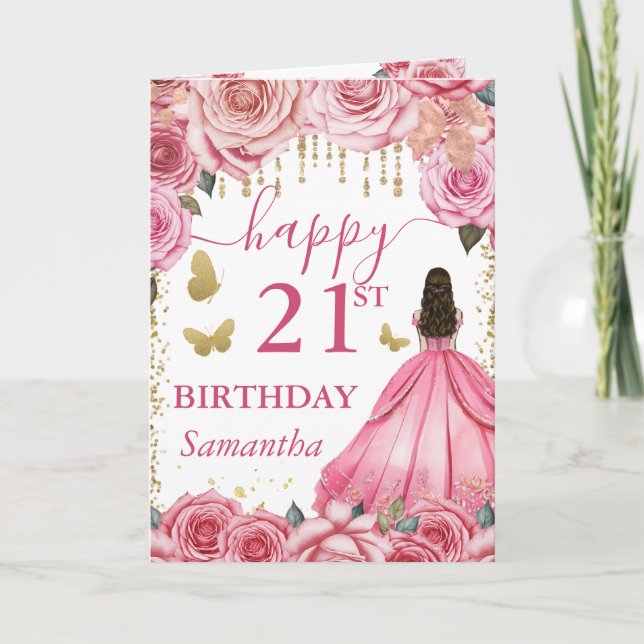 Tarjeta Vestido Rosa Claro Cumpleaños Princesa Morena (Anverso)