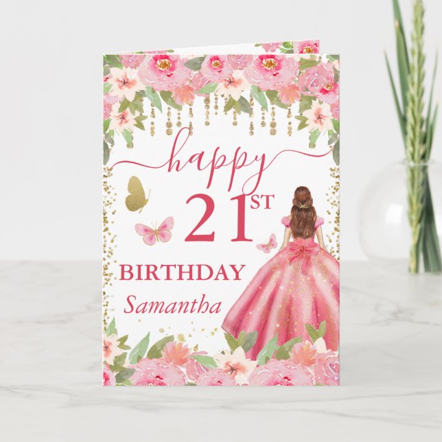 Tarjeta Vestido Rosa Claro Cumpleaños Princesa Pelo Rojo (Anverso)