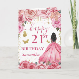Tarjeta Vestido Rosa Claro Cumpleaños Princesa Piel Oscura