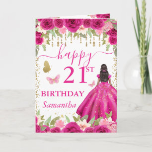 Tarjeta Vestido Rosa Fucsia Piel Oscura Princesa Cumpleaño