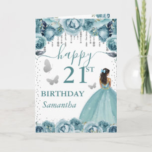 Tarjeta Vestido Turquesa Cumpleaños Princesa Piel Oscura