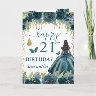 Tarjeta Vestido Turquesa Princesa Cumpleaños Piel Oscura