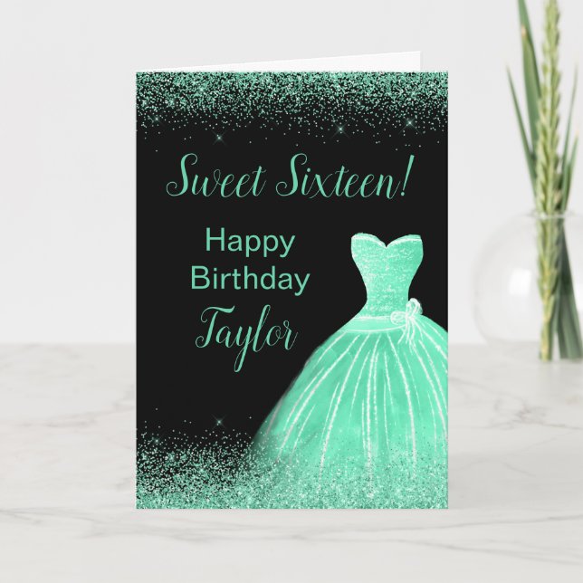 Tarjeta Vestido verde claro Faux Purpurina Sweet 16 Cumple (Anverso)