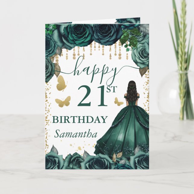 Tarjeta Vestido Verde Esmeralda Cumpleaños Princesa Piel O (Anverso)