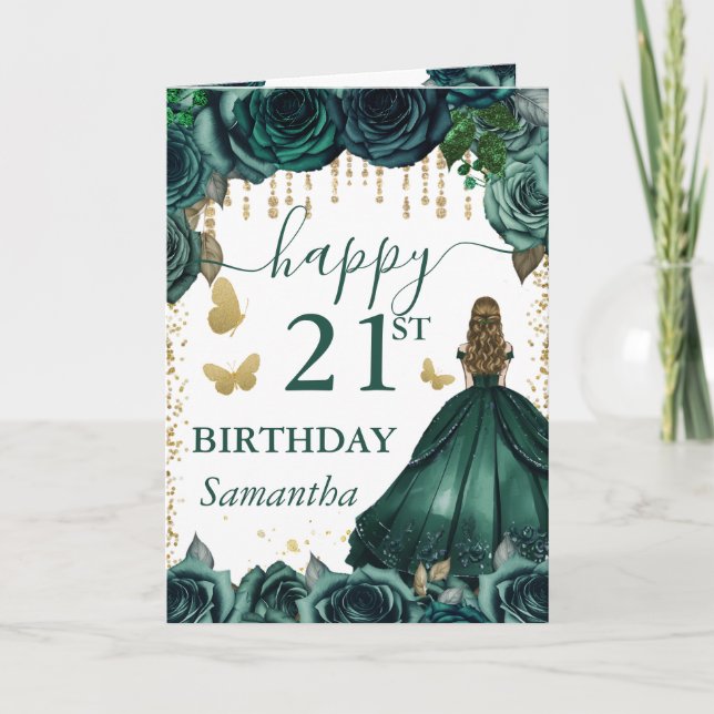 Tarjeta Vestido Verde Esmeralda Princesa Rubia Cumpleaños (Anverso)
