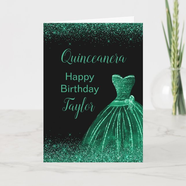 Tarjeta Vestido verde oscuro Purpurina de Faux Quinceanera (Anverso)