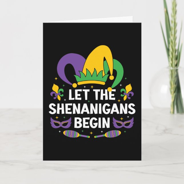 Tarjeta Vestimenta De Mardi Gras Que Empiecen Los Shenanig (Anverso)