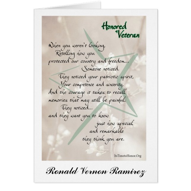 Tarjeta veterana de honor personalizada (Frente)