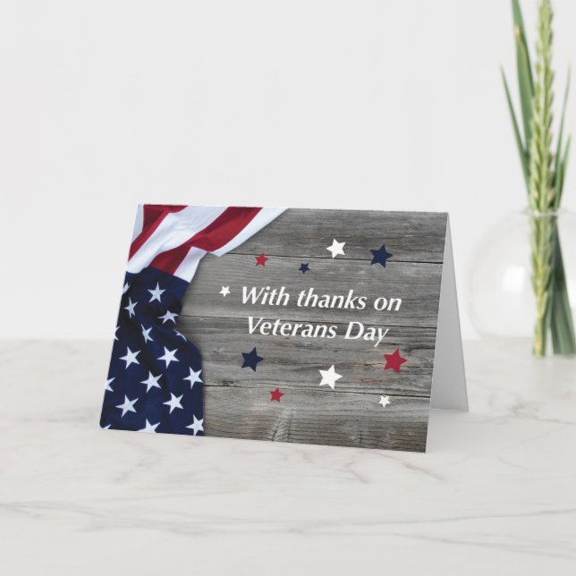 Tarjeta Veteranos Día Bandera Americana en Madera con Estr (Anverso)