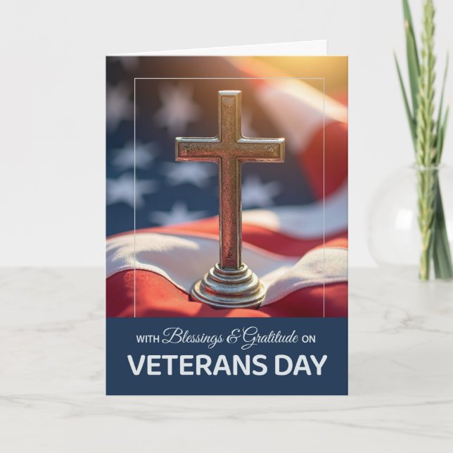 Tarjeta Veterans Day Religious Faith Gratitude Cross Flag (Anverso)