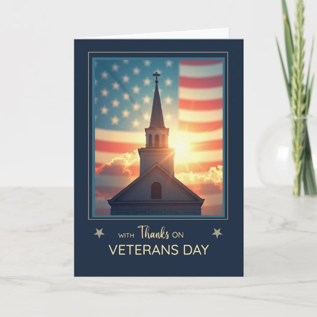 Tarjeta Veterans Day Religious Thanks Church Steeple Flag (Anverso)