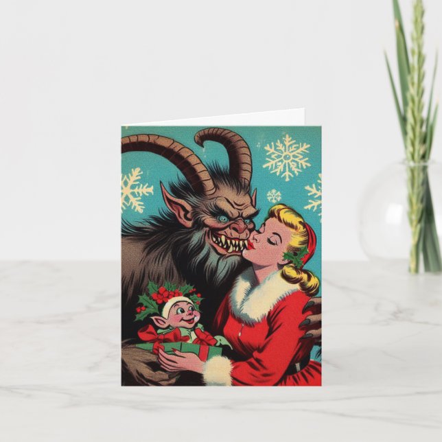Tarjeta Vi a mamá besando a Krampus (Anverso)