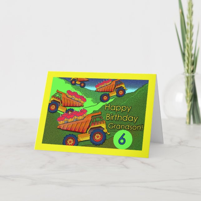 Tarjeta VI cumpleaños para nietos, camiones volcados y pas (Anverso)