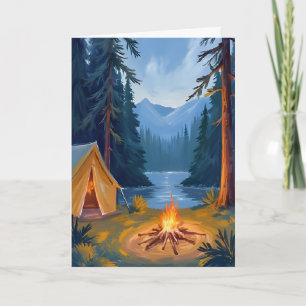 Tarjeta Viaje de Camping Fogata en el Bosque Carpa Acuarel