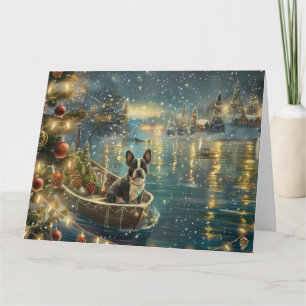 Tarjeta Viaje Festivo de Navidad del Boston Terrier