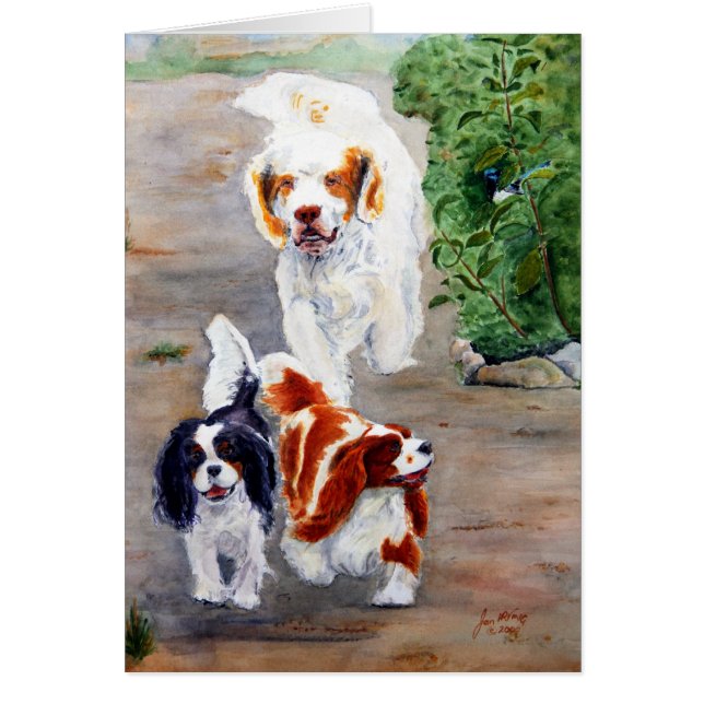 tarjeta - Viajeros - Clumber Spaniel y Cavaliers (Frente)