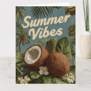 Tarjeta "Vibes de verano" con cocos y follaje tropical
