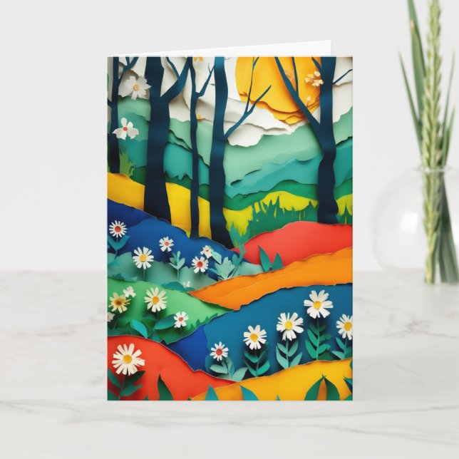 Tarjeta Vibrante Claro de Bosque de Papel Cortado (Anverso)