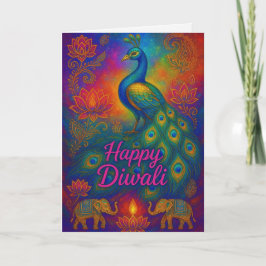 Tarjeta Vibrante Peacock y Lotus Happy Diwali