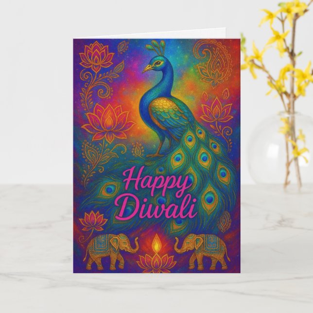 Tarjeta Vibrante Peacock y Lotus Happy Diwali (flor amarilla)