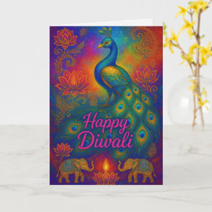 Tarjeta Vibrante Peacock y Lotus Happy Diwali
