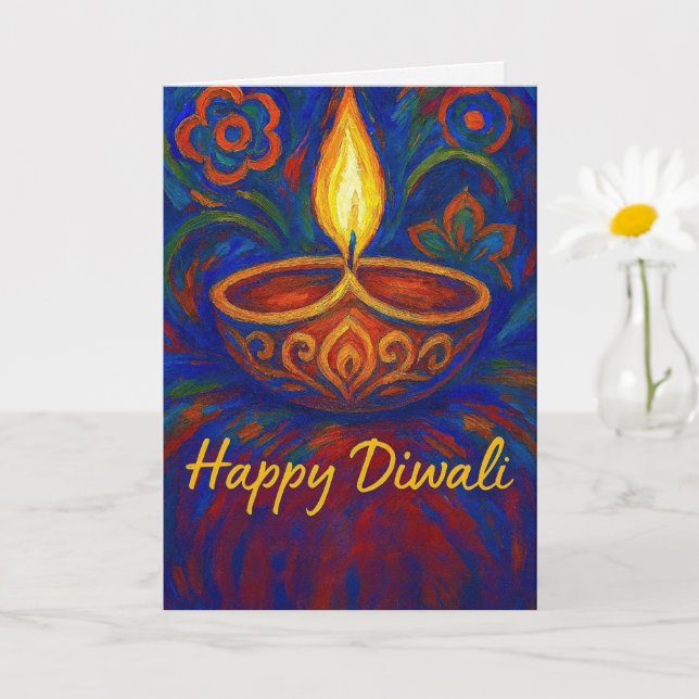 Tarjeta Vibrante pintura de Diya Feliz Diwali (Planta pequeña)