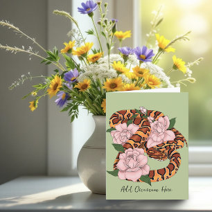 Tarjeta Vibrante serpiente de maíz Flores de peonía rosada