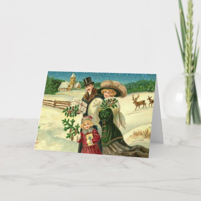 Tarjeta Victorian family in the snow Christmas scene (Anverso)