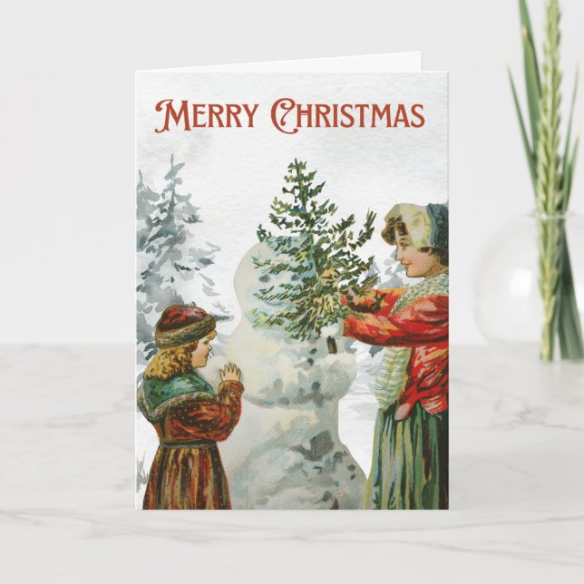 Tarjeta Victorian Girls Building a Snowman  (Anverso)