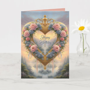 Tarjeta Victoriano, corazón dorado con flores y dicho
