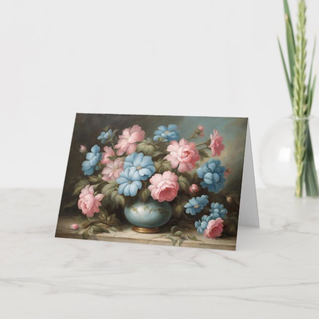 Tarjeta Vida muerta de flores rosadas victorianas en un ja (Anverso)