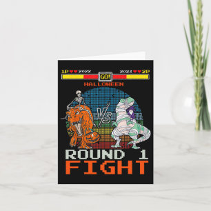 Tarjeta Video Game Halloween T-rex Skeleton Mummy - Round