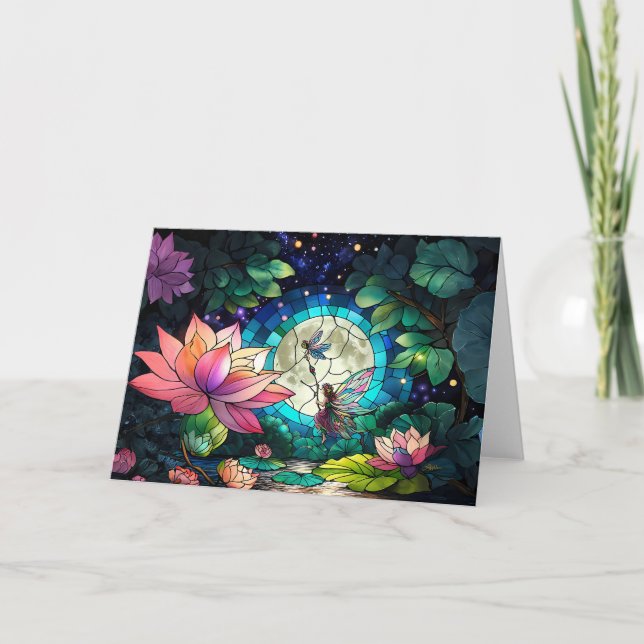 Tarjeta Vidriera Fairy Pequeña Con Libélula (Anverso)