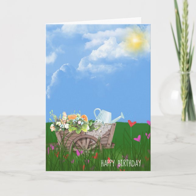 Tarjeta vieja carretilla con flores cumpleaños (Anverso)