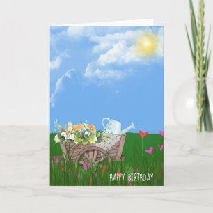 Tarjeta vieja carretilla con flores cumpleaños
