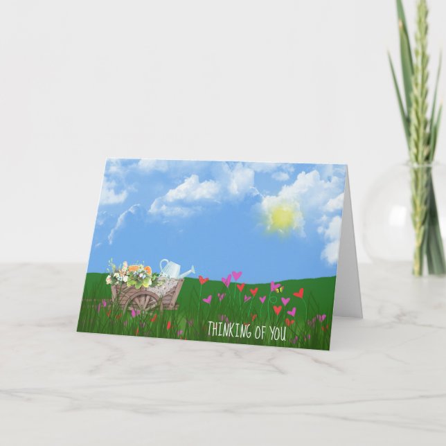 Tarjeta vieja carretilla con flores pensando en ti (Anverso)