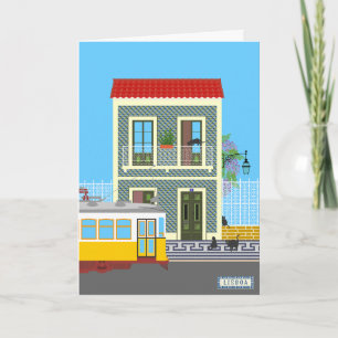 Tarjeta Vieja casa de Lisboa con gatos y tranvía amarillo